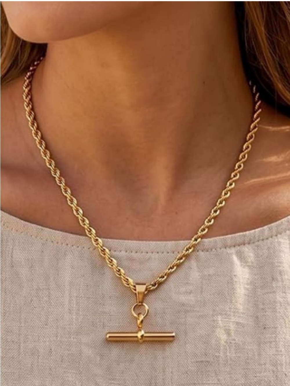 14k Gold Plated T-Bar Rope Necklace new